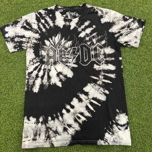AC/DC Band T-Shirt Small Black White Tie Dye Flame Logo Graphic Rock Tee